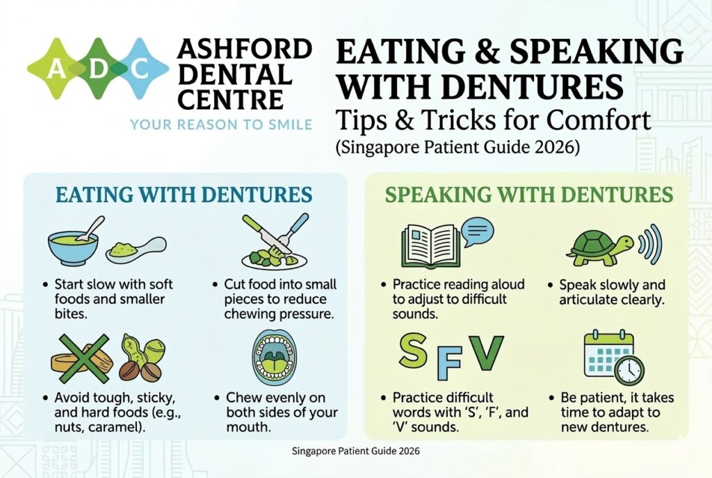 Eating & Speaking With Dentures: Tips & Tricks for Comfort (Singapore Patient Guide 2026) dental clinic bedok